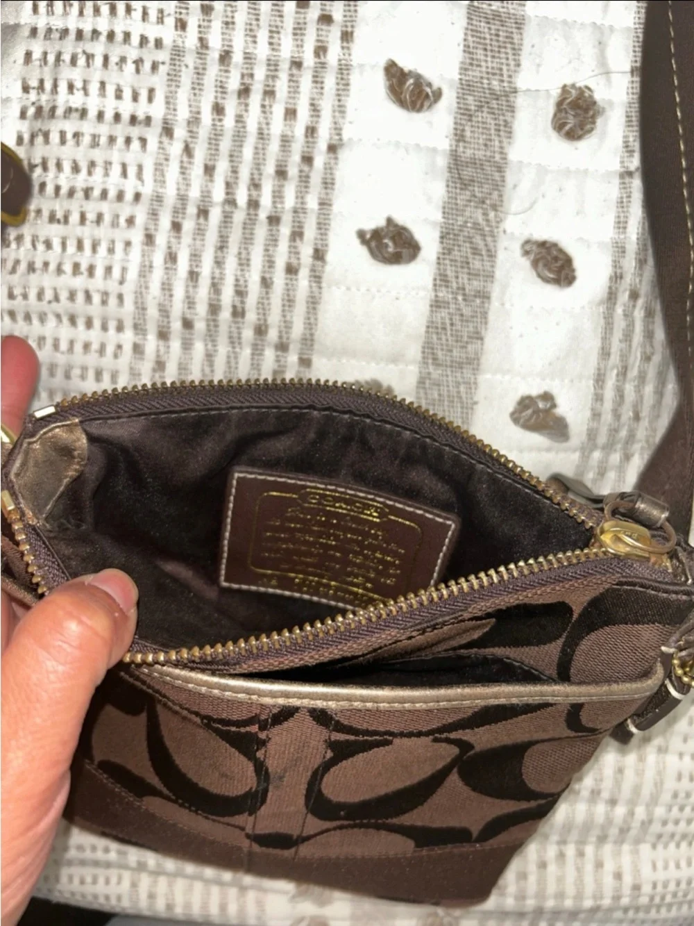 Coach Dark Brown Signature Crossbody Messenger Bag with Metallic Accent